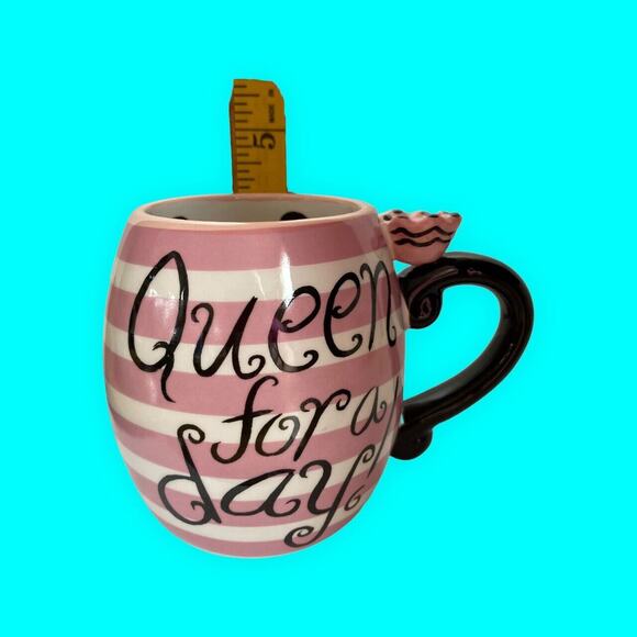 Queen for a Day Coffee Mug Cup Pier One Pink Stripes Black Polka Dot Interior - Picture 6 of 8
